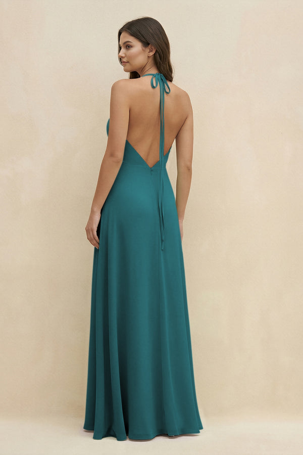 Halter Sheath Long Chiffon Bridesmaid Dress in Pine - SHE IS ME BRIDESMAID DRESSES