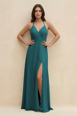 Halter Sheath Long Chiffon Bridesmaid Dress in Pine - KISS BRIDAL BRIDESMAID DRESSES