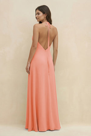 Halter Sheath Long Chiffon Bridesmaid Dress in Rosette - SHE IS ME BRIDESMAID DRESSES