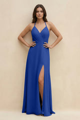 Halter Sheath Long Chiffon Bridesmaid Dress in Royal Blue - KISS BRIDAL BRIDESMAID DRESSES