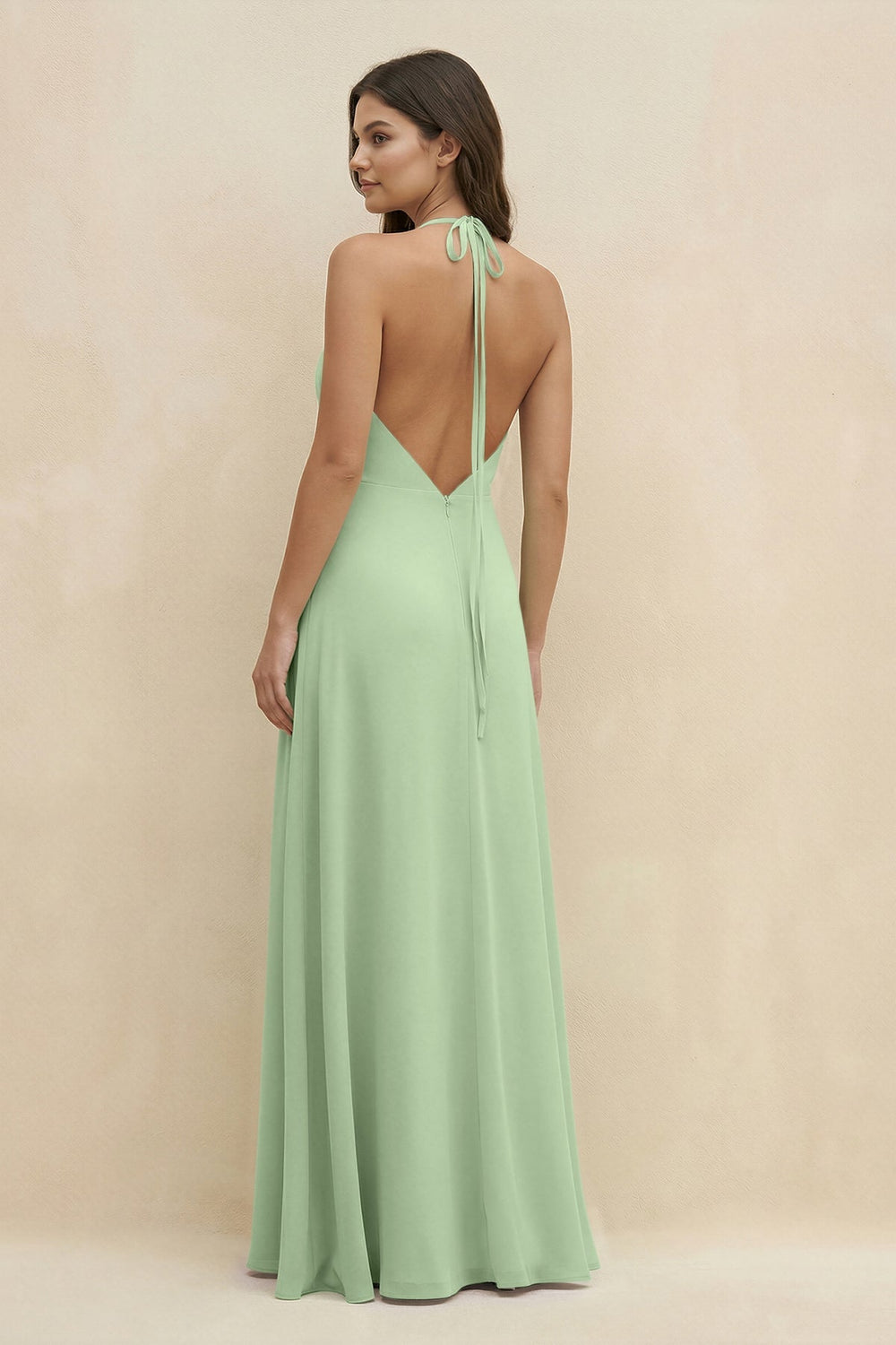 Halter Sheath Long Chiffon Bridesmaid Dress in Sage - KISS BRIDAL BRIDESMAID DRESSES
