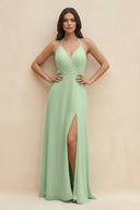 Halter Sheath Long Chiffon Bridesmaid Dress in Sage - SHE IS ME BRIDESMAID DRESSES