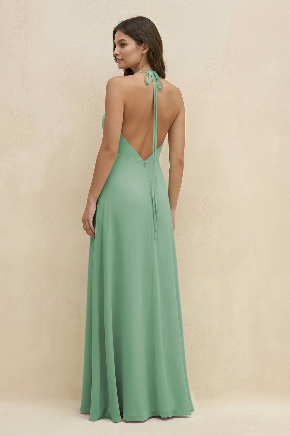Halter Sheath Long Chiffon Bridesmaid Dress in Sea Glass - KISS BRIDAL BRIDESMAID DRESSES