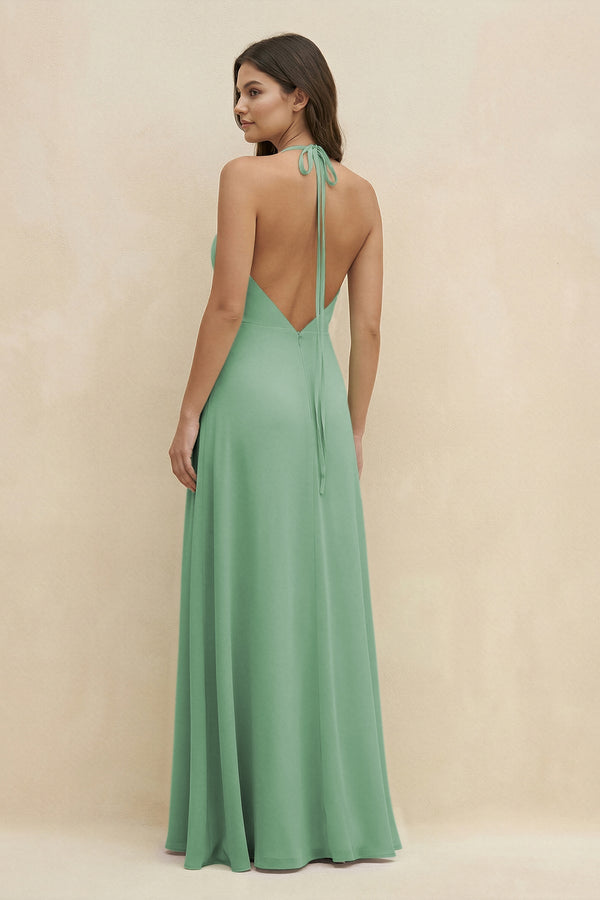 Halter Sheath Long Chiffon Bridesmaid Dress in Sea Glass - SHE IS ME BRIDESMAID DRESSES