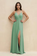 Halter Sheath Long Chiffon Bridesmaid Dress in Sea Glass - SHE IS ME BRIDESMAID DRESSES