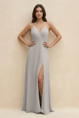 Halter Sheath Long Chiffon Bridesmaid Dress in Silver - KISS BRIDAL BRIDESMAID DRESSES