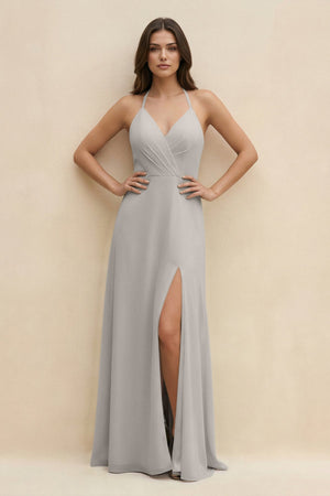 Halter Sheath Long Chiffon Bridesmaid Dress in Silver - SHE IS ME BRIDESMAID DRESSES