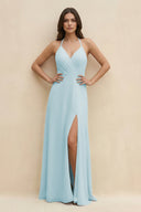 Halter Sheath Long Chiffon Bridesmaid Dress in Sky Blue - SHE IS ME BRIDESMAID DRESSES