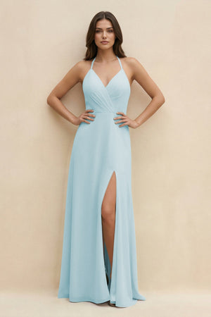 Halter Sheath Long Chiffon Bridesmaid Dress in Sky Blue - SHE IS ME BRIDESMAID DRESSES