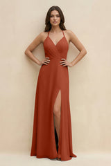 Halter Sheath Long Chiffon Bridesmaid Dress in Spice - KISS BRIDAL BRIDESMAID DRESSES