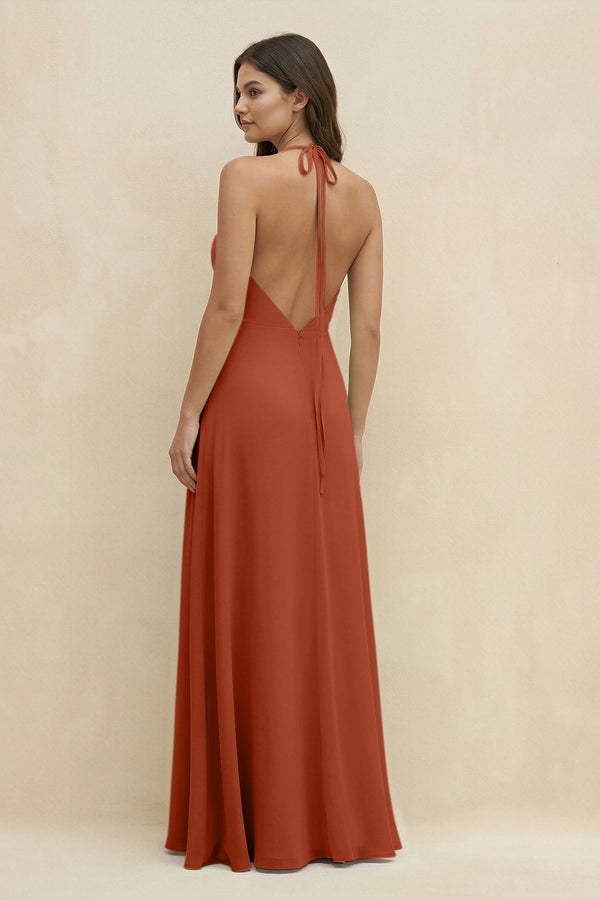 Halter Sheath Long Chiffon Bridesmaid Dress in Spice - SHE IS ME BRIDESMAID DRESSES