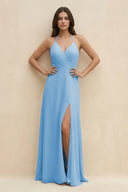 Halter Sheath Long Chiffon Bridesmaid Dress in Steel Blue - SHE IS ME BRIDESMAID DRESSES