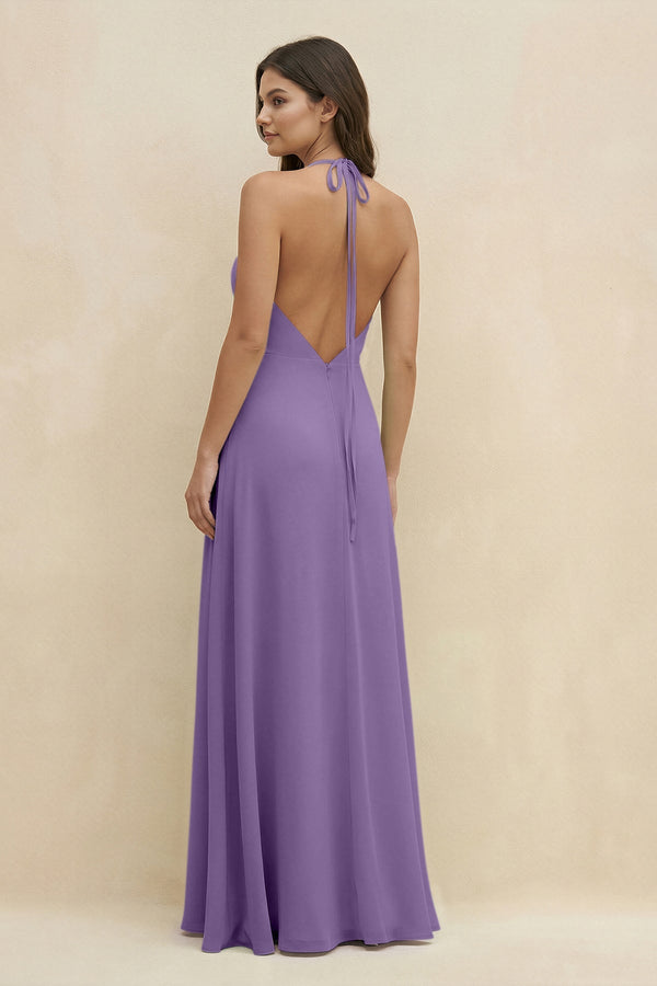 Halter Sheath Long Chiffon Bridesmaid Dress in Tahiti - SHE IS ME BRIDESMAID DRESSES
