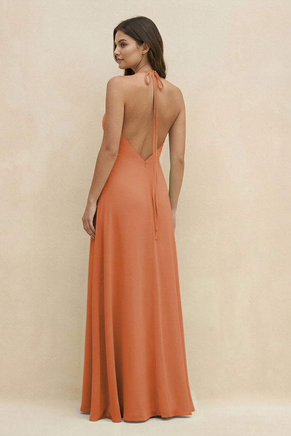 Halter Sheath Long Chiffon Bridesmaid Dress in Terracotta - SHE IS ME BRIDESMAID DRESSES