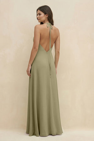 Halter Sheath Long Chiffon Bridesmaid Dress in Thyme - SHE IS ME BRIDESMAID DRESSES