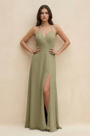 Halter Sheath Long Chiffon Bridesmaid Dress in Thyme - SHE IS ME BRIDESMAID DRESSES