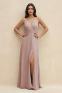 Halter Sheath Long Chiffon Bridesmaid Dress in Toffee | KISSBRIDAL