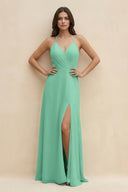Halter Sheath Long Chiffon Bridesmaid Dress in Turquoise - SHE IS ME BRIDESMAID DRESSES