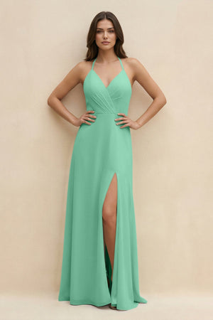 Halter Sheath Long Chiffon Bridesmaid Dress in Turquoise - SHE IS ME BRIDESMAID DRESSES