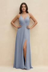 Halter Sheath Long Chiffon Bridesmaid Dress in Twilight - KISS BRIDAL BRIDESMAID DRESSES