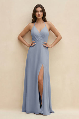 Halter Sheath Long Chiffon Bridesmaid Dress in Twilight - SHE IS ME BRIDESMAID DRESSES