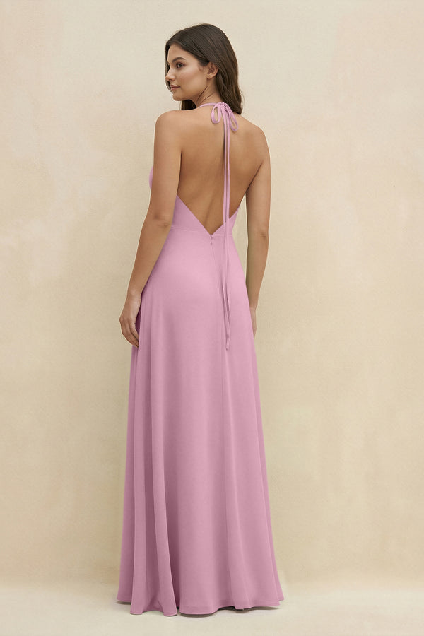 Halter Sheath Long Chiffon Bridesmaid Dress in Vintage Mauve - SHE IS ME BRIDESMAID DRESSES