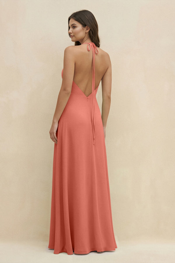 Halter Sheath Long Chiffon Bridesmaid Dress in Wild Rose - SHE IS ME BRIDESMAID DRESSES