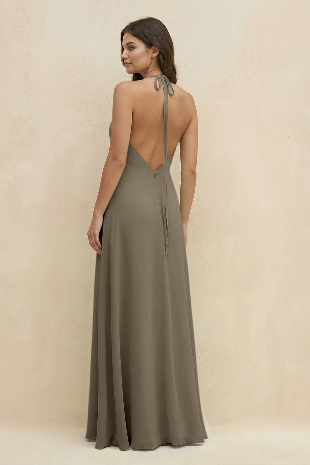 Halter Sheath Long Chiffon Bridesmaid Dress in Willow Green - KISS BRIDAL BRIDESMAID DRESSES