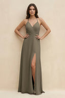 Halter Sheath Long Chiffon Bridesmaid Dress in Willow Green - SHE IS ME BRIDESMAID DRESSES
