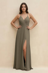 Halter Sheath Long Chiffon Bridesmaid Dress in Willow Green - KISS BRIDAL BRIDESMAID DRESSES