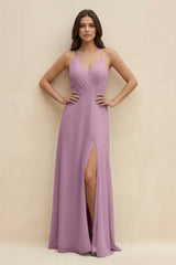 Halter Sheath Long Chiffon Bridesmaid Dress in Wisteria - KISS BRIDAL BRIDESMAID DRESSES
