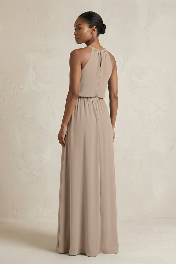 Halter Sheath Ruched Chiffon Bridesmaid Dress in Almond (2) | KISSBRIDAL