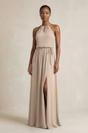 Halter Sheath Ruched Chiffon Bridesmaid Dress in Almond - SHE IS ME Bridesmaid Dresses