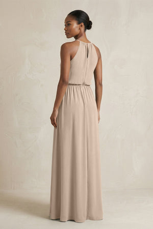 Halter Sheath Ruched Chiffon Bridesmaid Dress in Almond - SHE IS ME Bridesmaid Dresses