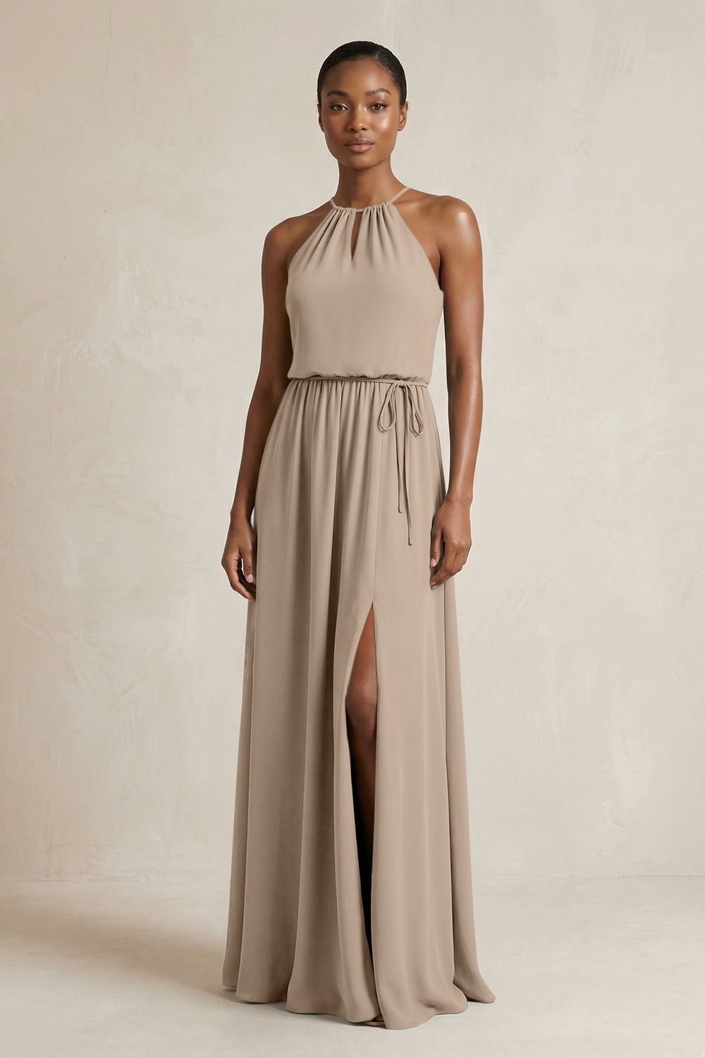 Halter Sheath Ruched Chiffon Bridesmaid Dress in Almond