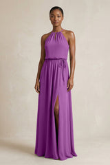 Halter Sheath Ruched Chiffon Bridesmaid Dress in Amethyst - KISS BRIDAL Bridesmaid Dresses