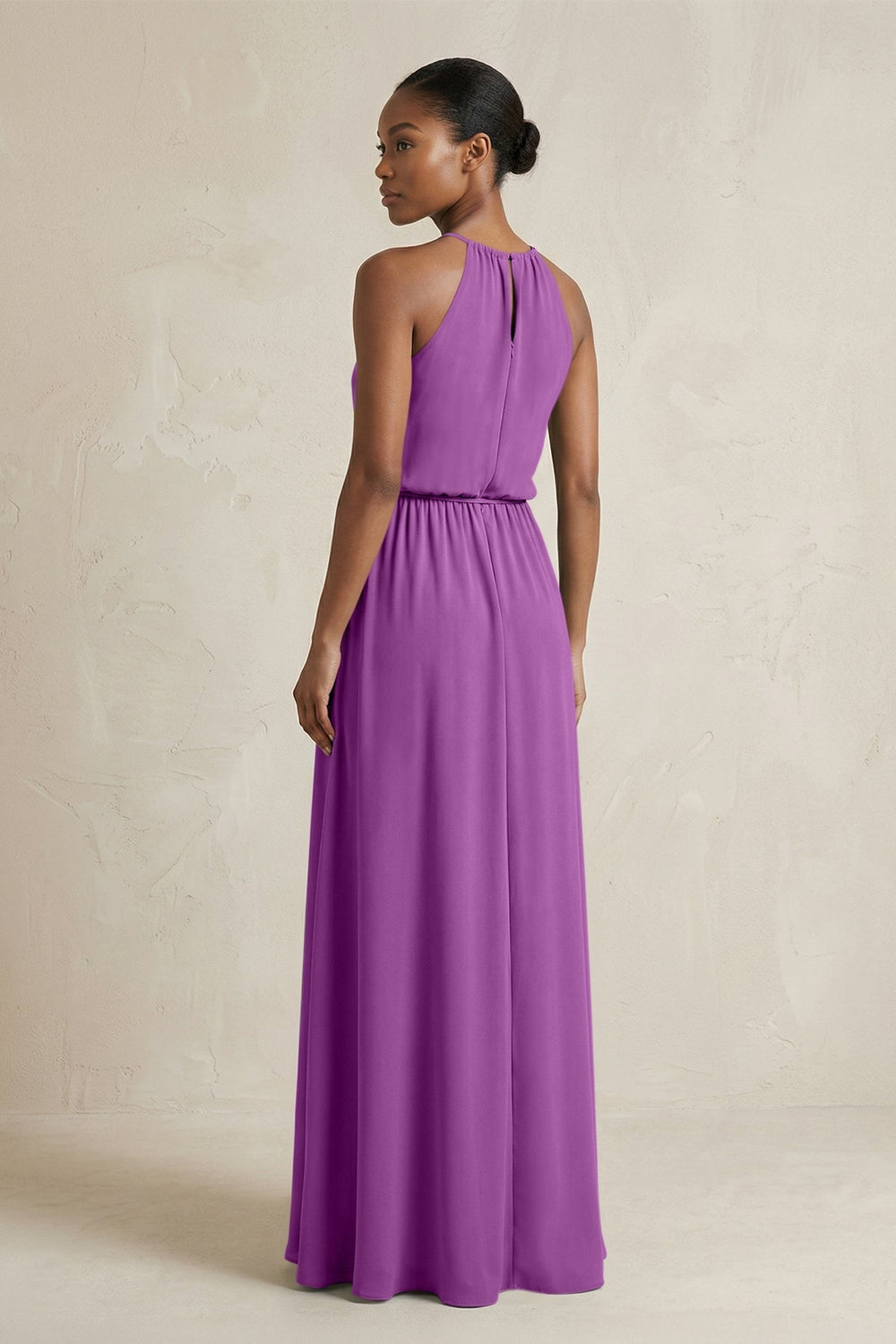 Halter Sheath Ruched Chiffon Bridesmaid Dress in Amethyst - KISS BRIDAL Bridesmaid Dresses