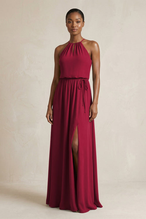 Halter Sheath Ruched Chiffon Bridesmaid Dress in Berry - SHE IS ME Bridesmaid Dresses