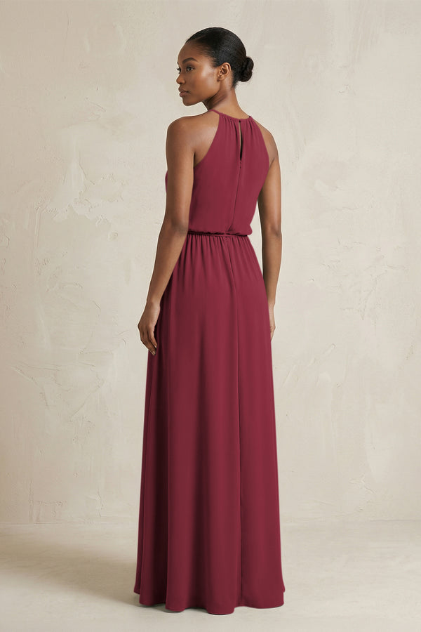 Halter Sheath Ruched Chiffon Bridesmaid Dress in Berry (2) | KISSBRIDAL