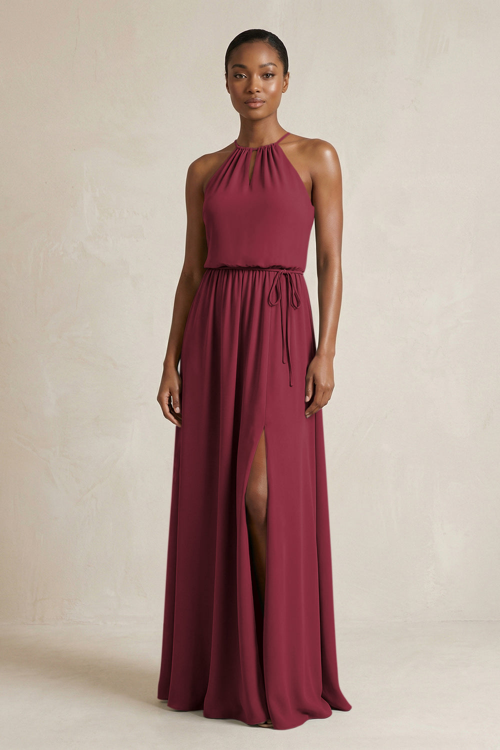 Halter Sheath Ruched Chiffon Bridesmaid Dress in Berry