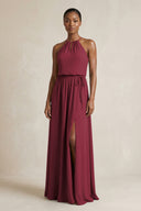 Halter Sheath Ruched Chiffon Bridesmaid Dress in Berry | KISSBRIDAL