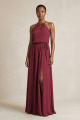 Halter Sheath Ruched Chiffon Bridesmaid Dress in Berry | KISSBRIDAL