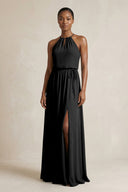 Halter Sheath Ruched Chiffon Bridesmaid Dress in Black - SHE IS ME Bridesmaid Dresses