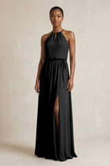 Halter Sheath Ruched Chiffon Bridesmaid Dress in Black - KISS BRIDAL Bridesmaid Dresses