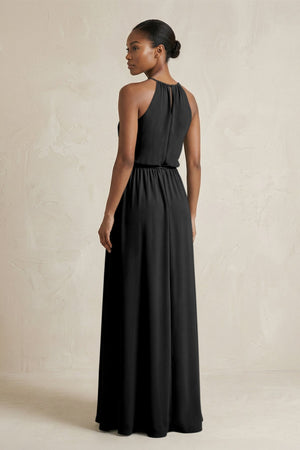 Halter Sheath Ruched Chiffon Bridesmaid Dress in Black - SHE IS ME Bridesmaid Dresses