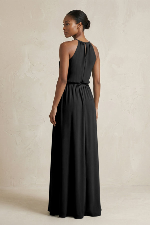 Halter Sheath Ruched Chiffon Bridesmaid Dress in Black - SHE IS ME Bridesmaid Dresses