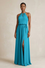 Halter Sheath Ruched Chiffon Bridesmaid Dress in Blue Jay - KISS BRIDAL Bridesmaid Dresses