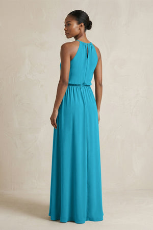 Halter Sheath Ruched Chiffon Bridesmaid Dress in Blue Jay - SHE IS ME Bridesmaid Dresses
