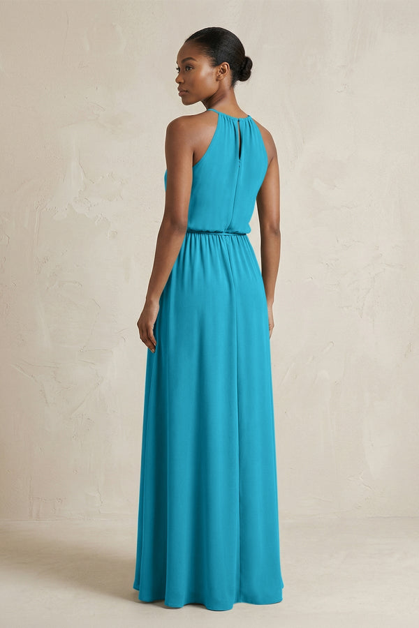 Halter Sheath Ruched Chiffon Bridesmaid Dress in Blue Jay - SHE IS ME Bridesmaid Dresses