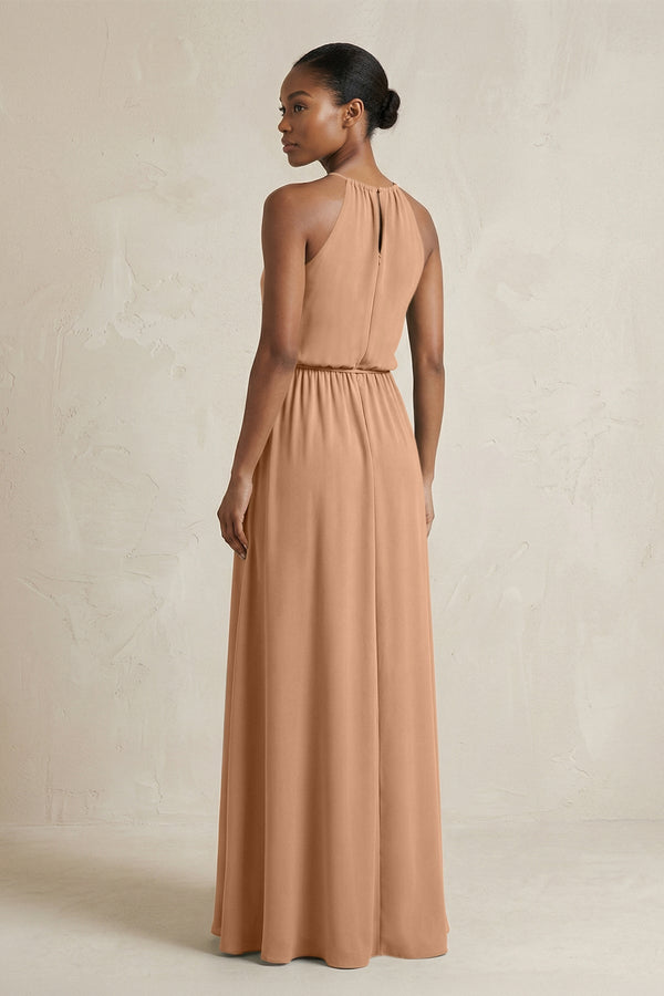 Halter Sheath Ruched Chiffon Bridesmaid Dress in Bronzer - SHE IS ME Bridesmaid Dresses
